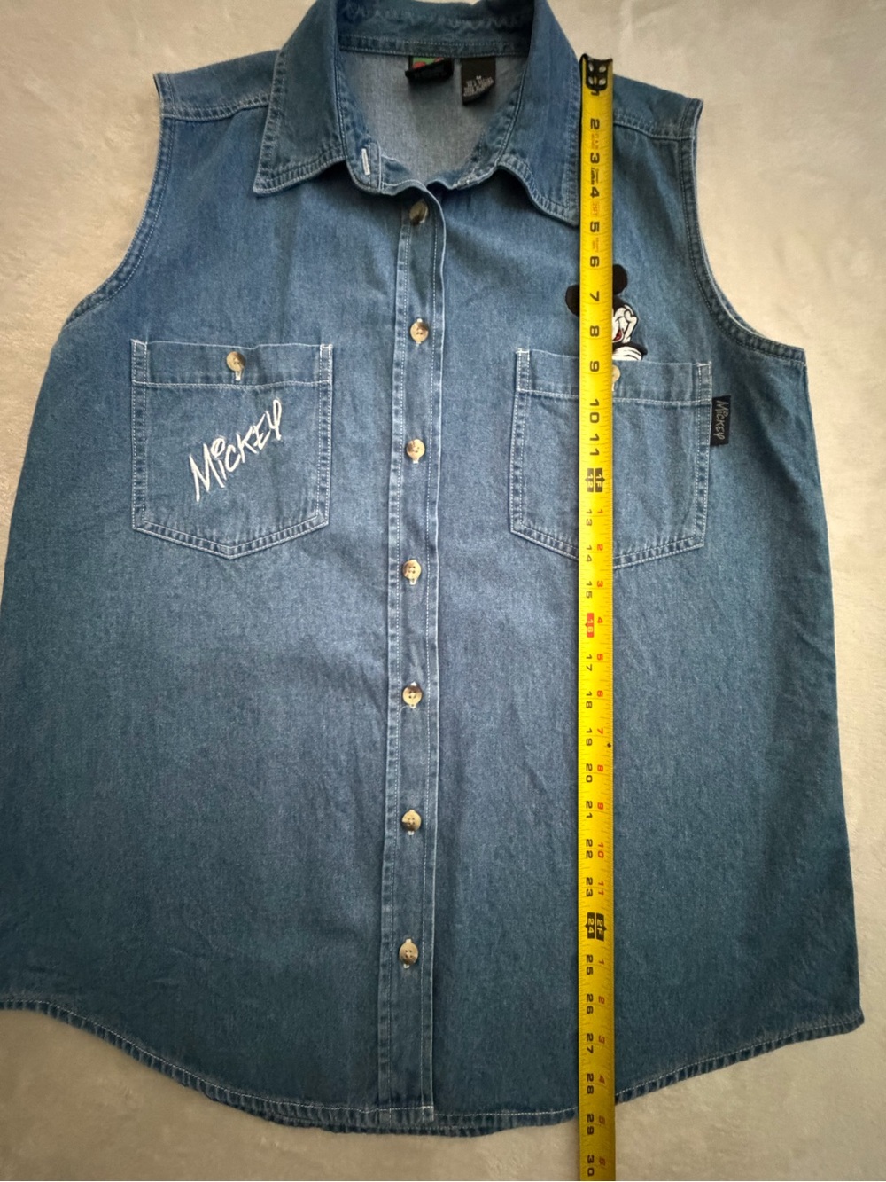 Mickey Unlimited Disney Denim Sleeveless Button-Down Cotton Embroidered Shirt - Picture 7 of 11